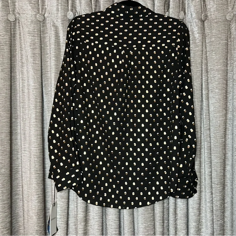 NWT Who What Wear Black Button Down Shirt with Gold & White Polka Dots Medium